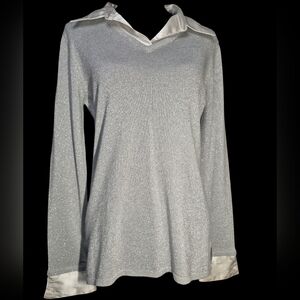 Vintage Clothing Co. Silver Lurex Shimmer Knit Sweater with Satin Trim - Size M